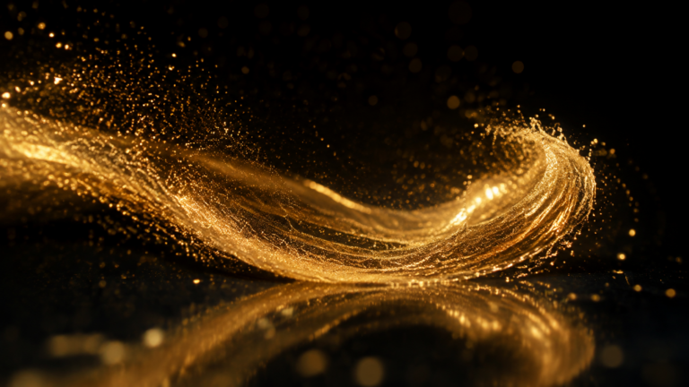 Liquid gold dust swirl with fine sparkling particles on a black surface