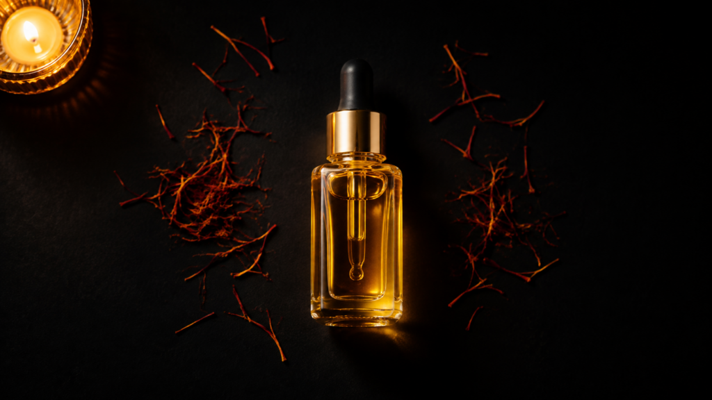 Golden saffron-infused kumkumadi face oil in a glass bottle