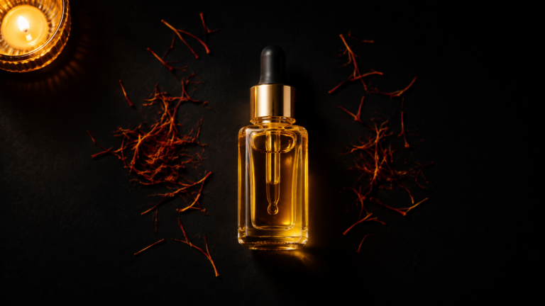 Golden saffron-infused kumkumadi face oil in a glass bottle