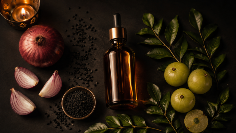 Onion hair oil bottle with onion, kalonji seeds, amla and curry leaves