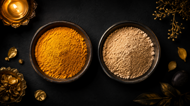 Two bowls of ubtan and chiksa herbal powders side by side